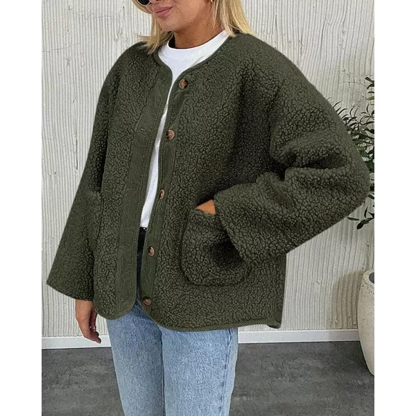imagePRETTYGARDEN Womens Warm Winter Coats Casual Long Sleeve Button up Fuzzy Sherpa Fleece Jackets OuterwearArmy Green