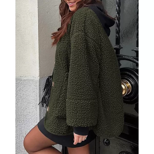 imagePRETTYGARDEN Womens Warm Winter Coats Casual Long Sleeve Button up Fuzzy Sherpa Fleece Jackets OuterwearArmy Green