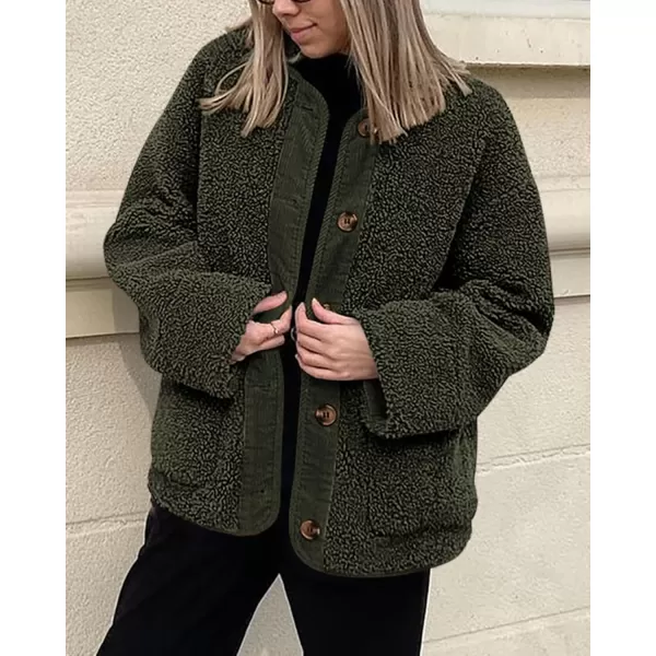 imagePRETTYGARDEN Womens Warm Winter Coats Casual Long Sleeve Button up Fuzzy Sherpa Fleece Jackets OuterwearArmy Green