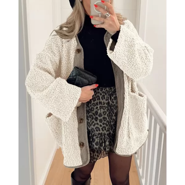 imagePRETTYGARDEN Womens Warm Winter Coats Casual Long Sleeve Button up Fuzzy Sherpa Fleece Jackets OuterwearBeige