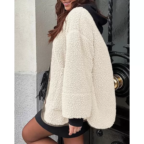 imagePRETTYGARDEN Womens Warm Winter Coats Casual Long Sleeve Button up Fuzzy Sherpa Fleece Jackets OuterwearBeige