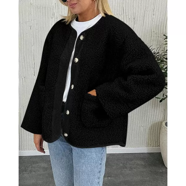 imagePRETTYGARDEN Womens Warm Winter Coats Casual Long Sleeve Button up Fuzzy Sherpa Fleece Jackets OuterwearBlack
