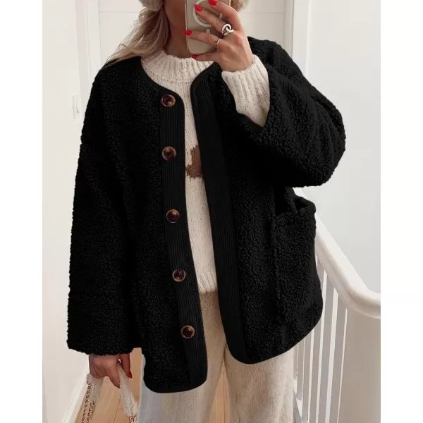 imagePRETTYGARDEN Womens Warm Winter Coats Casual Long Sleeve Button up Fuzzy Sherpa Fleece Jackets OuterwearBlack