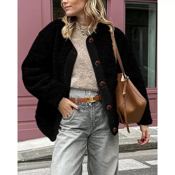 imagePRETTYGARDEN Womens Warm Winter Coats Casual Long Sleeve Button up Fuzzy Sherpa Fleece Jackets OuterwearBlack