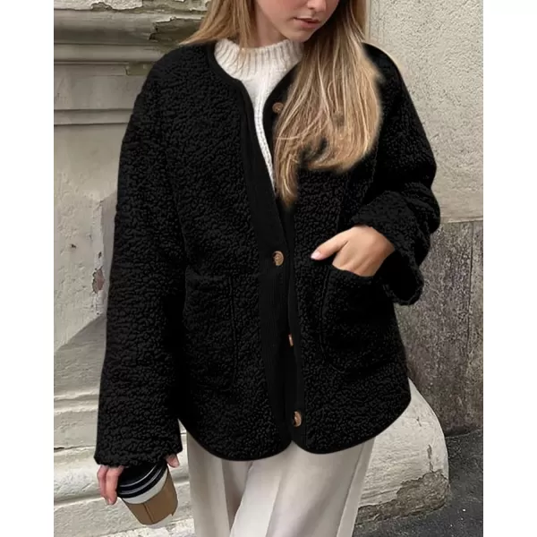 imagePRETTYGARDEN Womens Warm Winter Coats Casual Long Sleeve Button up Fuzzy Sherpa Fleece Jackets OuterwearBlack