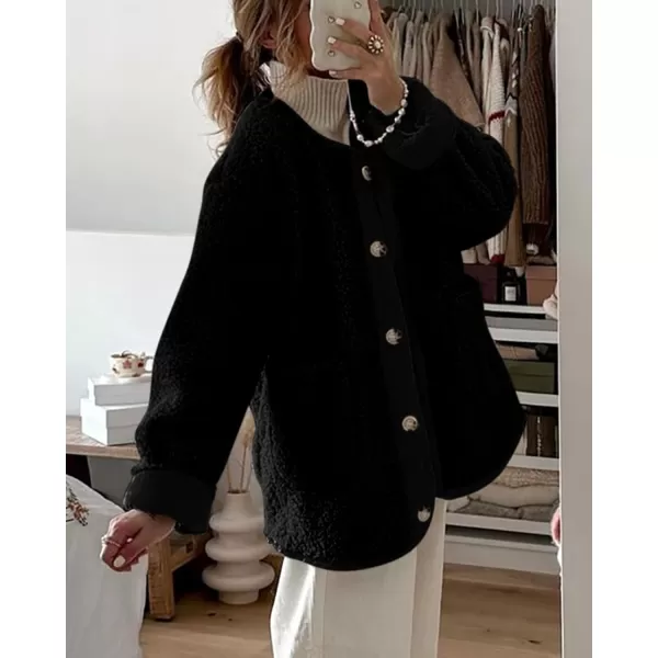 imagePRETTYGARDEN Womens Warm Winter Coats Casual Long Sleeve Button up Fuzzy Sherpa Fleece Jackets OuterwearBlack