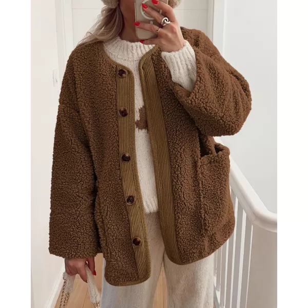 imagePRETTYGARDEN Womens Warm Winter Coats Casual Long Sleeve Button up Fuzzy Sherpa Fleece Jackets OuterwearBrown