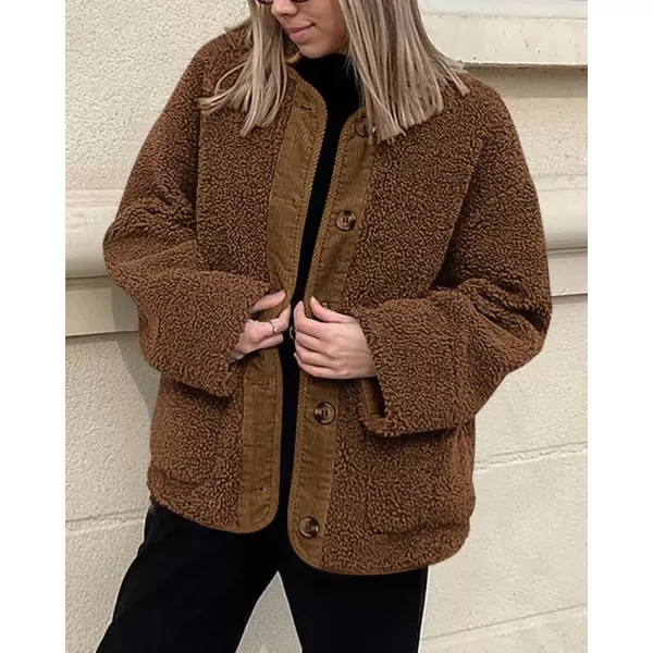 imagePRETTYGARDEN Womens Warm Winter Coats Casual Long Sleeve Button up Fuzzy Sherpa Fleece Jackets OuterwearBrown