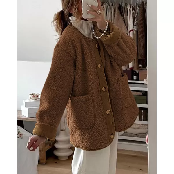 imagePRETTYGARDEN Womens Warm Winter Coats Casual Long Sleeve Button up Fuzzy Sherpa Fleece Jackets OuterwearBrown