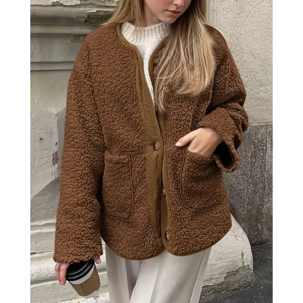 imagePRETTYGARDEN Womens Warm Winter Coats Casual Long Sleeve Button up Fuzzy Sherpa Fleece Jackets OuterwearBrown