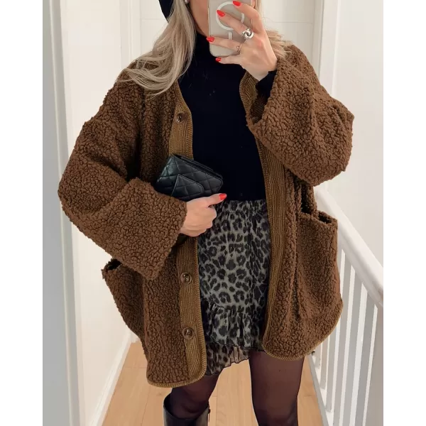 imagePRETTYGARDEN Womens Warm Winter Coats Casual Long Sleeve Button up Fuzzy Sherpa Fleece Jackets OuterwearBrown