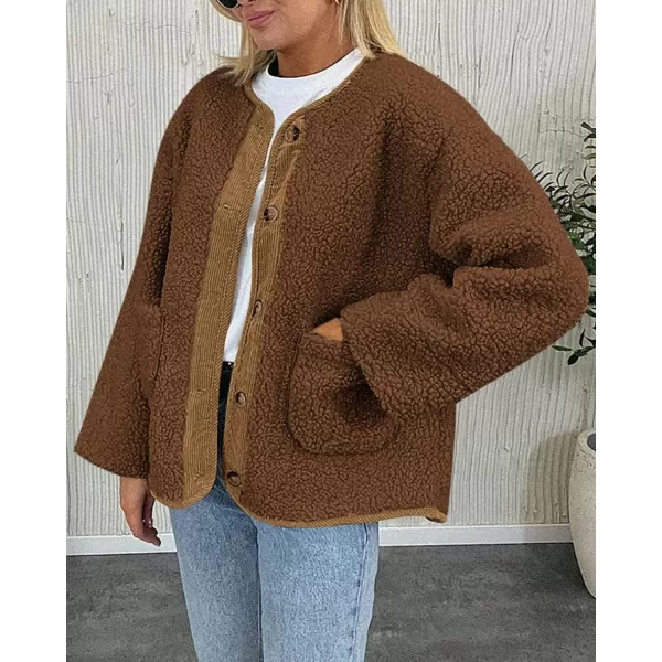 imagePRETTYGARDEN Womens Warm Winter Coats Casual Long Sleeve Button up Fuzzy Sherpa Fleece Jackets OuterwearBrown