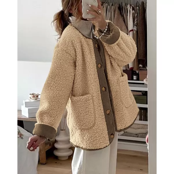 imagePRETTYGARDEN Womens Warm Winter Coats Casual Long Sleeve Button up Fuzzy Sherpa Fleece Jackets OuterwearKhaki