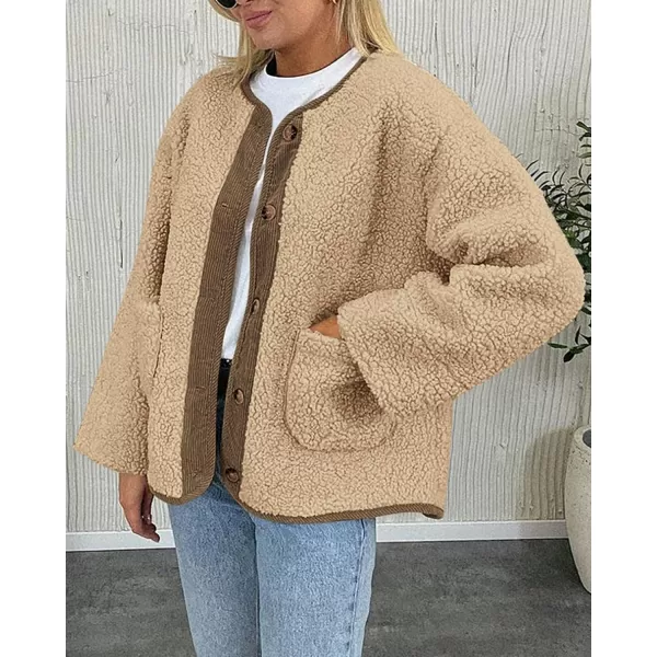 imagePRETTYGARDEN Womens Warm Winter Coats Casual Long Sleeve Button up Fuzzy Sherpa Fleece Jackets OuterwearKhaki