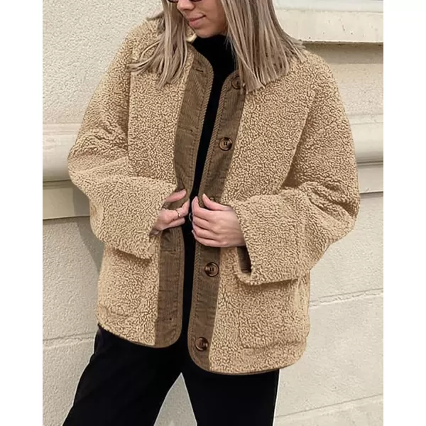 imagePRETTYGARDEN Womens Warm Winter Coats Casual Long Sleeve Button up Fuzzy Sherpa Fleece Jackets OuterwearKhaki