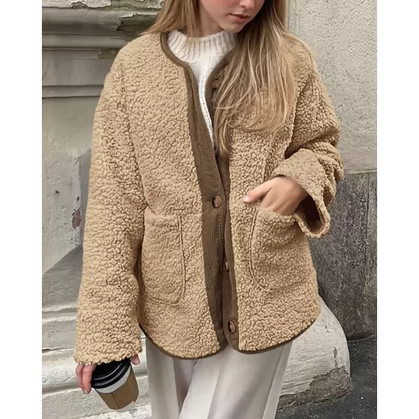 imagePRETTYGARDEN Womens Warm Winter Coats Casual Long Sleeve Button up Fuzzy Sherpa Fleece Jackets OuterwearKhaki