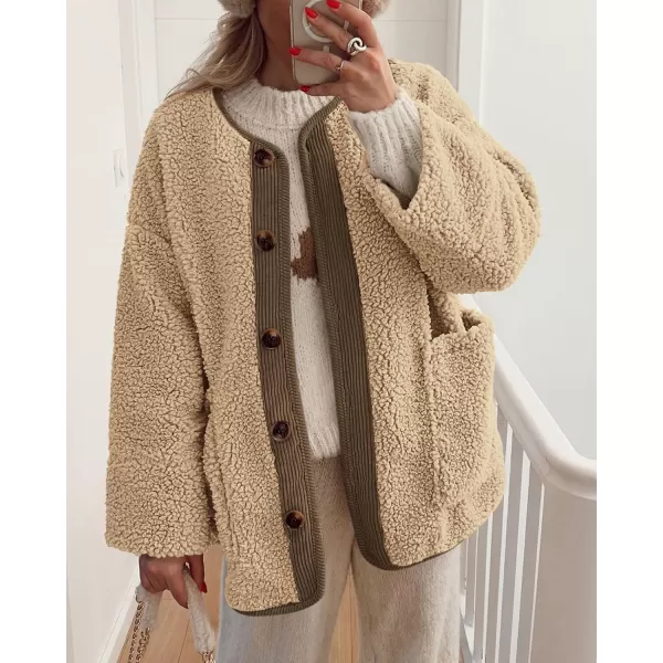 imagePRETTYGARDEN Womens Warm Winter Coats Casual Long Sleeve Button up Fuzzy Sherpa Fleece Jackets OuterwearKhaki