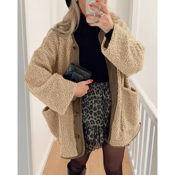 imagePRETTYGARDEN Womens Warm Winter Coats Casual Long Sleeve Button up Fuzzy Sherpa Fleece Jackets OuterwearKhaki