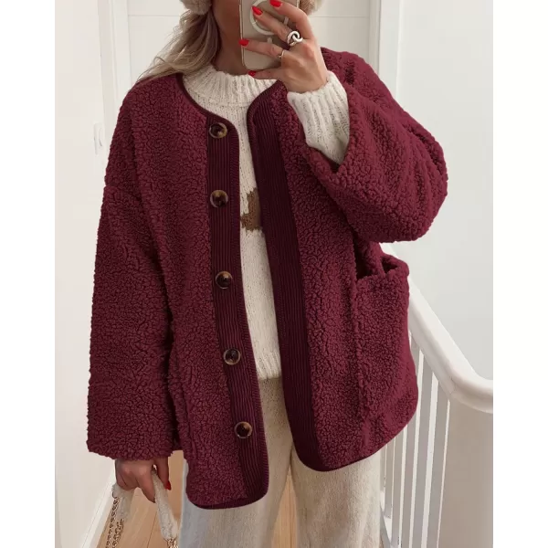 imagePRETTYGARDEN Womens Warm Winter Coats Casual Long Sleeve Button up Fuzzy Sherpa Fleece Jackets OuterwearWine Red