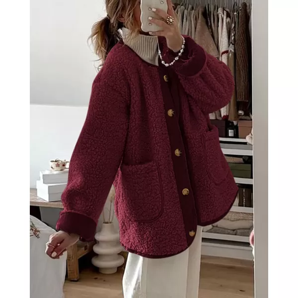 imagePRETTYGARDEN Womens Warm Winter Coats Casual Long Sleeve Button up Fuzzy Sherpa Fleece Jackets OuterwearWine Red