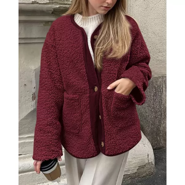 imagePRETTYGARDEN Womens Warm Winter Coats Casual Long Sleeve Button up Fuzzy Sherpa Fleece Jackets OuterwearWine Red
