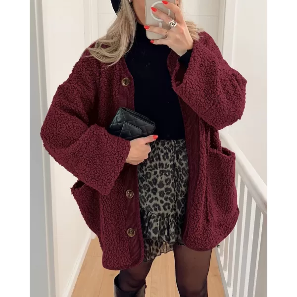 imagePRETTYGARDEN Womens Warm Winter Coats Casual Long Sleeve Button up Fuzzy Sherpa Fleece Jackets OuterwearWine Red