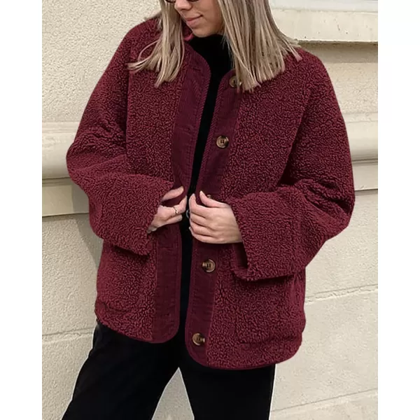 imagePRETTYGARDEN Womens Warm Winter Coats Casual Long Sleeve Button up Fuzzy Sherpa Fleece Jackets OuterwearWine Red