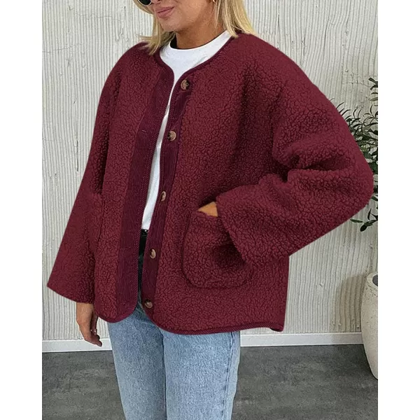 imagePRETTYGARDEN Womens Warm Winter Coats Casual Long Sleeve Button up Fuzzy Sherpa Fleece Jackets OuterwearWine Red