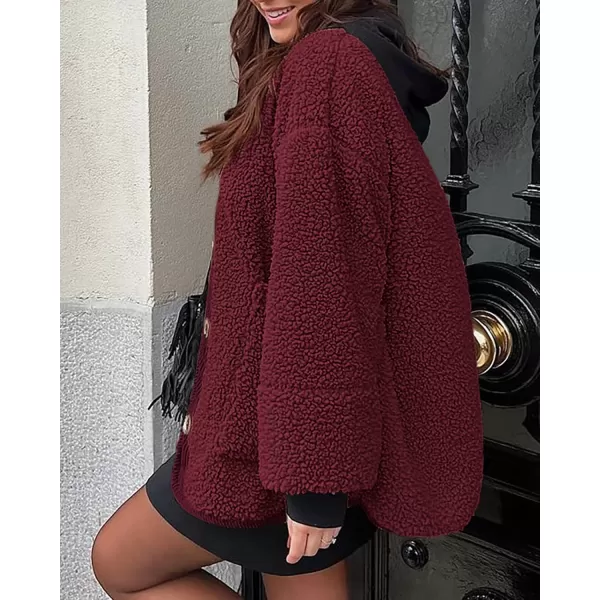imagePRETTYGARDEN Womens Warm Winter Coats Casual Long Sleeve Button up Fuzzy Sherpa Fleece Jackets OuterwearWine Red