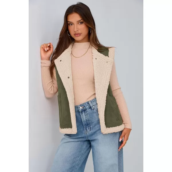 imagePRETTYGARDEN Womens Winter Faux Suede Vest Sleeveless Button Down Fleece Sherpa Lined Jacket Fashion Casual Outerwear CoatArmy Green