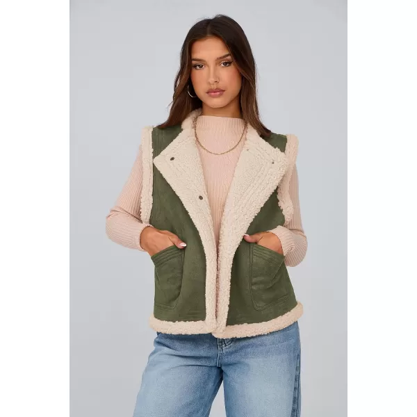 imagePRETTYGARDEN Womens Winter Faux Suede Vest Sleeveless Button Down Fleece Sherpa Lined Jacket Fashion Casual Outerwear CoatArmy Green