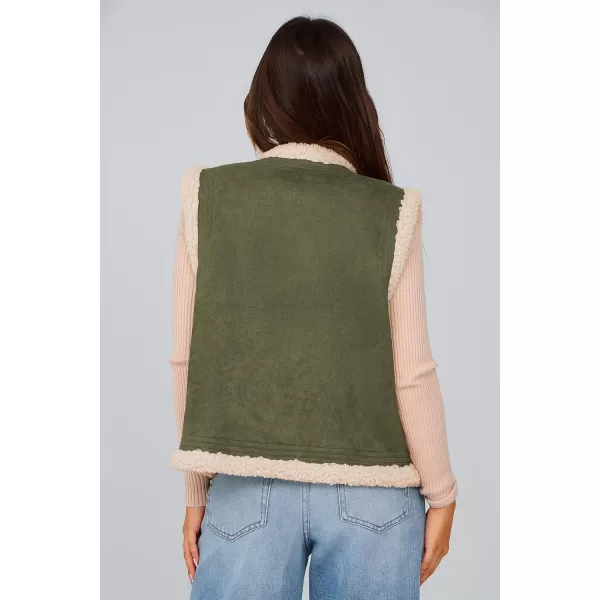 imagePRETTYGARDEN Womens Winter Faux Suede Vest Sleeveless Button Down Fleece Sherpa Lined Jacket Fashion Casual Outerwear CoatArmy Green