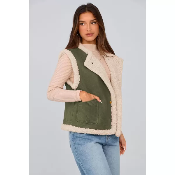 imagePRETTYGARDEN Womens Winter Faux Suede Vest Sleeveless Button Down Fleece Sherpa Lined Jacket Fashion Casual Outerwear CoatArmy Green