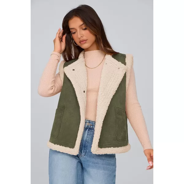 imagePRETTYGARDEN Womens Winter Faux Suede Vest Sleeveless Button Down Fleece Sherpa Lined Jacket Fashion Casual Outerwear CoatArmy Green