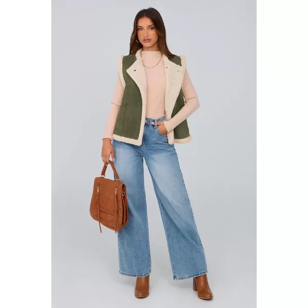 imagePRETTYGARDEN Womens Winter Faux Suede Vest Sleeveless Button Down Fleece Sherpa Lined Jacket Fashion Casual Outerwear CoatArmy Green