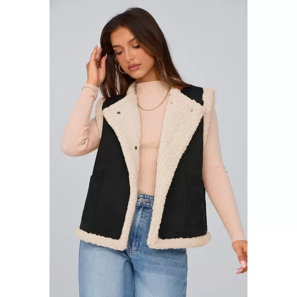imagePRETTYGARDEN Womens Winter Faux Suede Vest Sleeveless Button Down Fleece Sherpa Lined Jacket Fashion Casual Outerwear CoatBlack