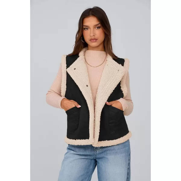 imagePRETTYGARDEN Womens Winter Faux Suede Vest Sleeveless Button Down Fleece Sherpa Lined Jacket Fashion Casual Outerwear CoatBlack