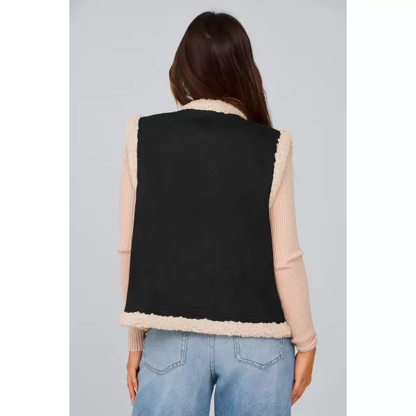 imagePRETTYGARDEN Womens Winter Faux Suede Vest Sleeveless Button Down Fleece Sherpa Lined Jacket Fashion Casual Outerwear CoatBlack