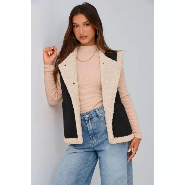 imagePRETTYGARDEN Womens Winter Faux Suede Vest Sleeveless Button Down Fleece Sherpa Lined Jacket Fashion Casual Outerwear CoatBlack