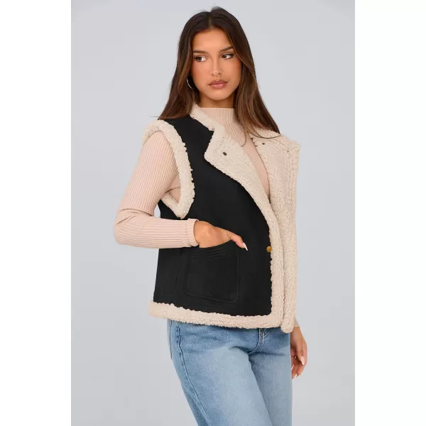 imagePRETTYGARDEN Womens Winter Faux Suede Vest Sleeveless Button Down Fleece Sherpa Lined Jacket Fashion Casual Outerwear CoatBlack