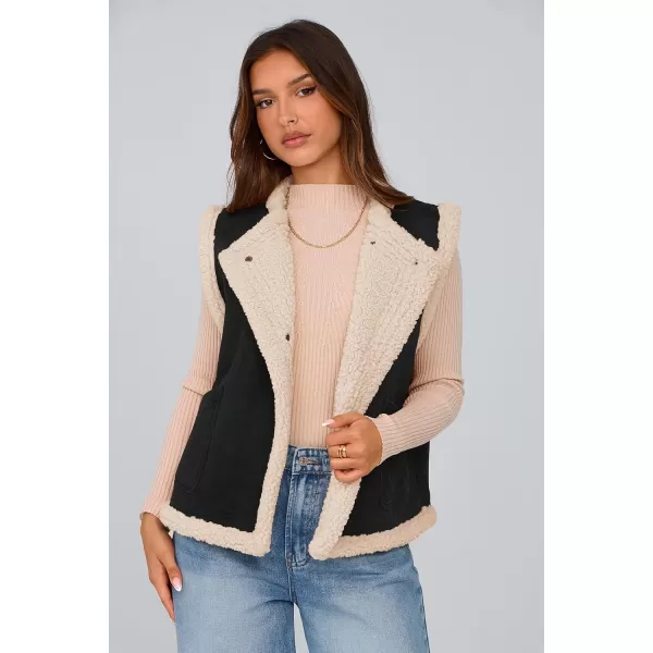 imagePRETTYGARDEN Womens Winter Faux Suede Vest Sleeveless Button Down Fleece Sherpa Lined Jacket Fashion Casual Outerwear CoatBlack