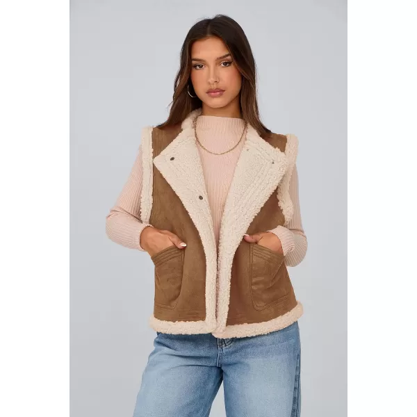 imagePRETTYGARDEN Womens Winter Faux Suede Vest Sleeveless Button Down Fleece Sherpa Lined Jacket Fashion Casual Outerwear CoatBrown