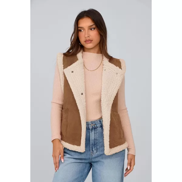 imagePRETTYGARDEN Womens Winter Faux Suede Vest Sleeveless Button Down Fleece Sherpa Lined Jacket Fashion Casual Outerwear CoatBrown