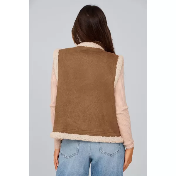 imagePRETTYGARDEN Womens Winter Faux Suede Vest Sleeveless Button Down Fleece Sherpa Lined Jacket Fashion Casual Outerwear CoatBrown