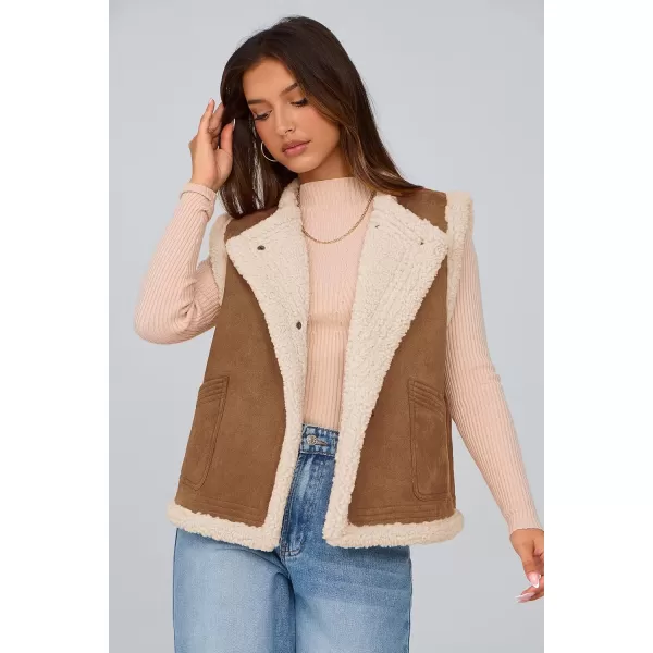 imagePRETTYGARDEN Womens Winter Faux Suede Vest Sleeveless Button Down Fleece Sherpa Lined Jacket Fashion Casual Outerwear CoatBrown
