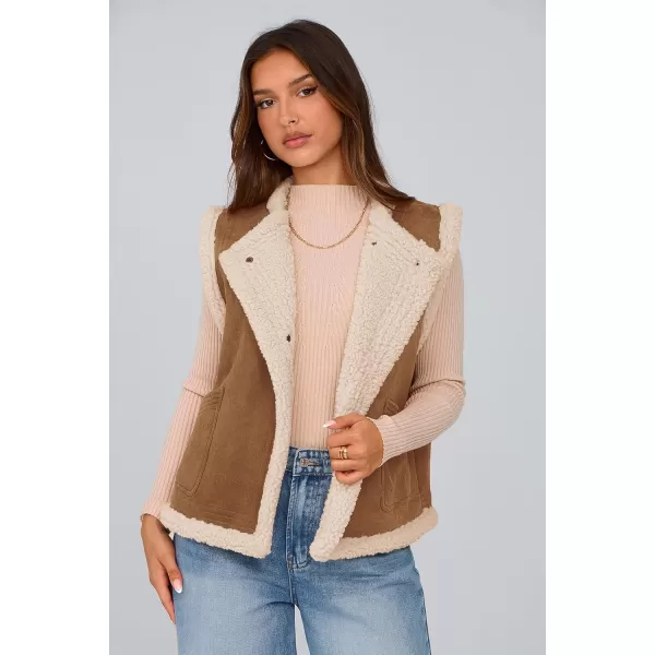 imagePRETTYGARDEN Womens Winter Faux Suede Vest Sleeveless Button Down Fleece Sherpa Lined Jacket Fashion Casual Outerwear CoatBrown