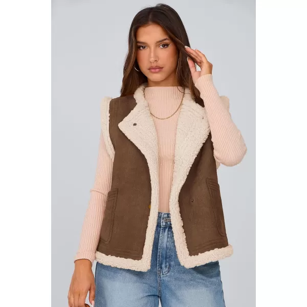 imagePRETTYGARDEN Womens Winter Faux Suede Vest Sleeveless Button Down Fleece Sherpa Lined Jacket Fashion Casual Outerwear CoatCoffee