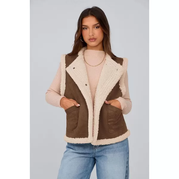 imagePRETTYGARDEN Womens Winter Faux Suede Vest Sleeveless Button Down Fleece Sherpa Lined Jacket Fashion Casual Outerwear CoatCoffee