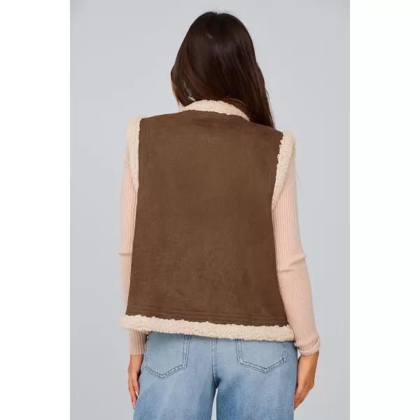 imagePRETTYGARDEN Womens Winter Faux Suede Vest Sleeveless Button Down Fleece Sherpa Lined Jacket Fashion Casual Outerwear CoatCoffee