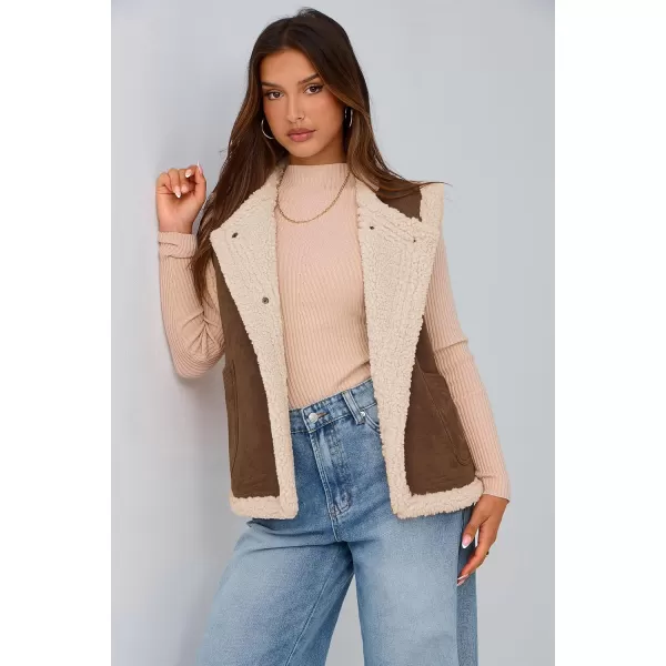 imagePRETTYGARDEN Womens Winter Faux Suede Vest Sleeveless Button Down Fleece Sherpa Lined Jacket Fashion Casual Outerwear CoatCoffee